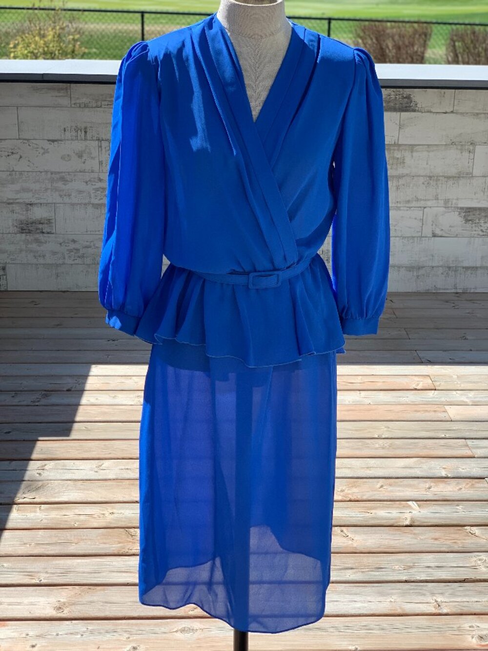 Vintage 70s Disco Dress Blue Sheer Chiffon Belted Peplum Waist Long Puff Sleeve